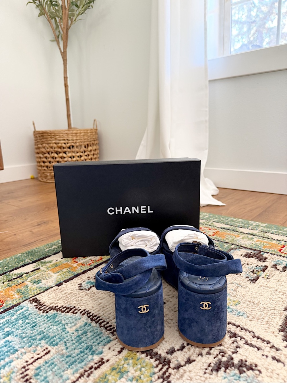 CHANEL Navy Suede womens platform Sandals with Gold CC Heel 37.5